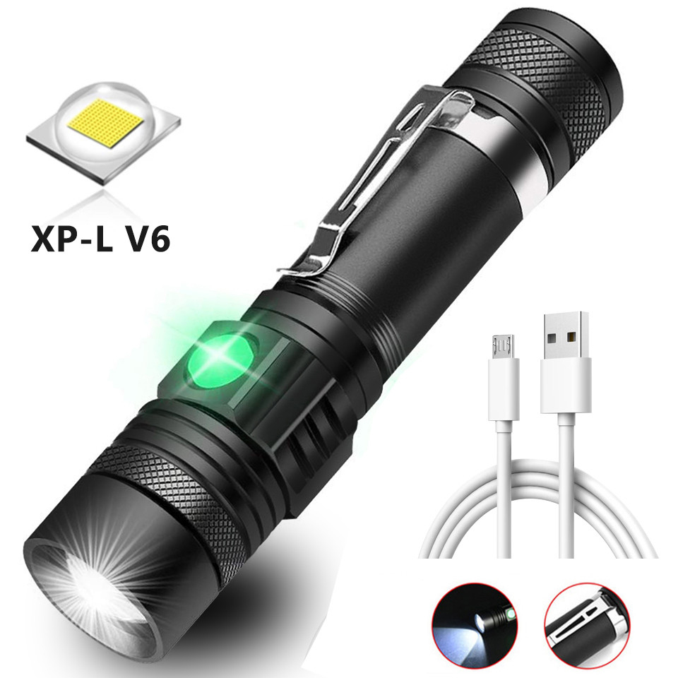 Super Bright Led Flashlight USB Rechargeable Flashlight Zoomable Torch Light XP-L V6 Power Tips Zoomable Bicycle Lantern 18650